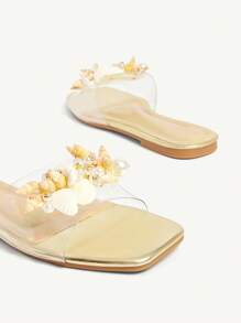 CUCCOO CHICEST 女士水晶装饰透明鞋面方头平底舒适闪亮奢华高贵品质沙滩凉鞋，银色 PVC 休闲夏季派对礼服平底鞋 - 金色 - 查看 10