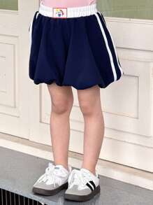 SHEIN Young Girls' Color Blocking Waist Floral Shorts, Casual Daily Wear - Blue and White - View 2