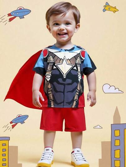 SHEIN Persoplay Kids 2pcs/Set 2025 Young Boy Superhero Printed Round Neck Short Sleeve T-Shirt And Shorts With Cape Outfit, Suitable For Casual Play, Themed Party, Kindergarten Activities And Outdoor Wear