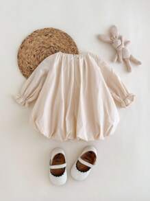 SHEIN 新生女婴可爱优雅宽松长袖蝴蝶结连衣裙，夏季 - 杏色 - 查看 2