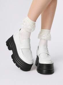 ROMWE Goth Mocasines beige para mujer, tipo Mary Jane, de piel, zapatos pequeños, zapatos de uniforme escolar japonés, zapatos de trabajo formales, con plataforma gruesa y tacón de cuña - Beis - Ver 2