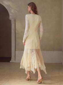 MOTF PREMIUM WOMEN'S LACE EMBROIDERED PATCHWORK STRUCTURE DESIGN FISHTAIL MIDI DRESS - Apricot - View 3