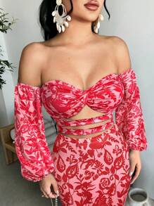 SHEIN SXY 女式花卉印花露肩扭花灯笼袖镂空性感衬衫，度假风格 - 玫紅色 - 查看 3