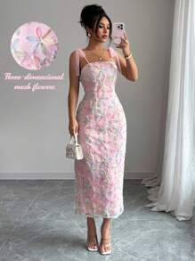 Elenzga Midi Dress With 3D Floral Mesh Straps, Elegant Bow & Slit Detail For Women
