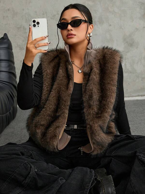 Comfortcana Plus Size Vintage Knit Patchwork Faux Fur Casual Jacket Faux Fur Vest Womens Winter Vest
