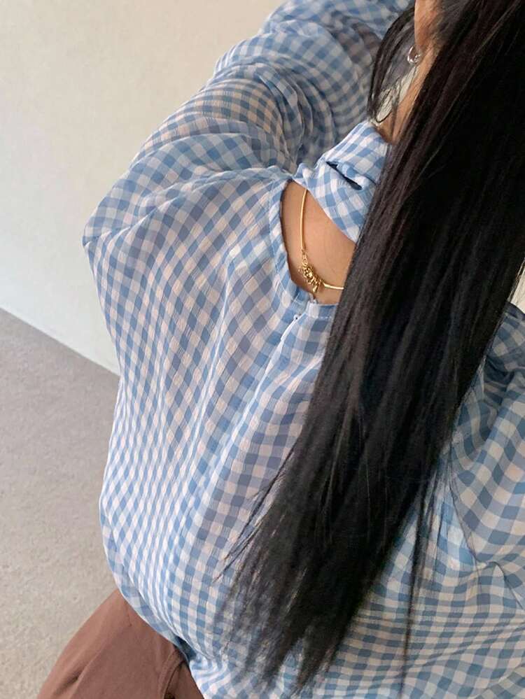 Stand Collar Loose Plaid Casual Shirt,Fall Women Clothes Long Sleeve Top