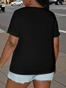 SHEIN LUNE 大码女式黑色和金色玫瑰印花圆领短袖舒适 T 恤