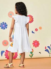 Robe casual à col rond avec volants et imprimé floral mignon pour jeune fille - Blanc - Voir 2