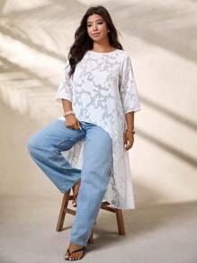 EMERY ROSE Blusa casual de mujer talla grande con estampado de peonía, semitransparente y con bajo asimétrico, para verano