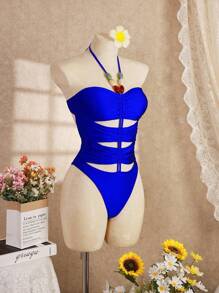 Swim Vcay Women's Summer Vacation Sexy Halter Backless One-Piece Swimsuit With Drawstring, Shiny Fabric And Beaded Decor - Royal Blue - View 6
