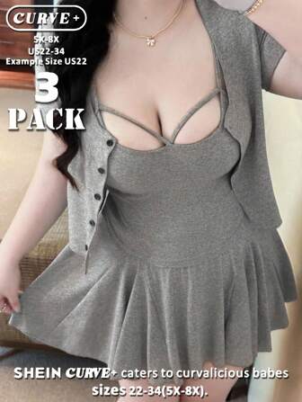 SHEIN CURVE+ 3 件套加大码可爱短袖 T 恤、吊带背心和松紧腰裙