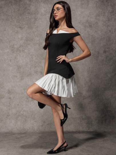 Avenya Đầm mini trễ vai xếp ly màu thanh lịch cho nữ, mùa hè