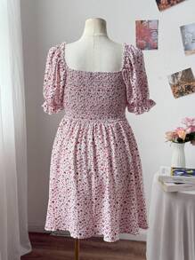 Sweetra Plus Size Square Neck Ruffle Hem Ditsy Floral A-Line Dress