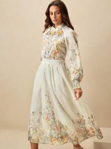 Anewsta 2 Pieces Set: Stand Collar Lantern Sleeve Printed Top + Skirt, Elegant & Graceful, European & American Style, 2025 New Arrival