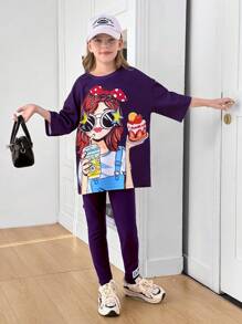 SHEIN Set 2 bucăți Tween Girl: tricou cu mânecă scurtă și pantaloni cu mânecă scurtă, cu imprimeu de portrete, cu decor largi - Violet - Vizualizare 5