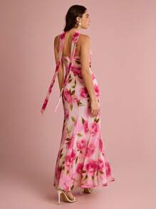 Enchnt 夏季浪漫女士粉色花卉印花 3D 玫瑰装饰荷叶边细肩带美人鱼连衣裙，配颈带，甜美优雅，适合度假、约会、节日、生日、派对、毕业典礼、婚礼嘉宾和海滩，舞会礼服，女士夏季连衣裙，女士太阳裙，夏季服装，女士夏季服装，优雅的派对连衣裙， - 粉色 - 查看 7