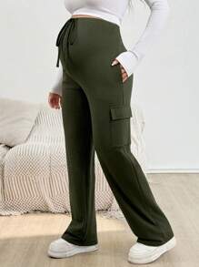 SHEIN Pregnant Women Casual Minimalist Army Green Drawstring Waist Fold Over Pocket Sweatpants - Army Green - View 3