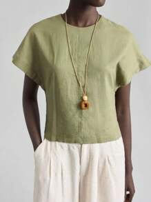 Ontre 2025 Herbst Neuankömmling Rundhals-Top, Urlaubsstil salbeigrüne Rundhals-Bluse mit Puffärmeln und geraffter Taille aus Leinen, vielseitig für Sommer/Herbst Alltag, Pendeln, Business Lässig, Büro, Schule für Frauen