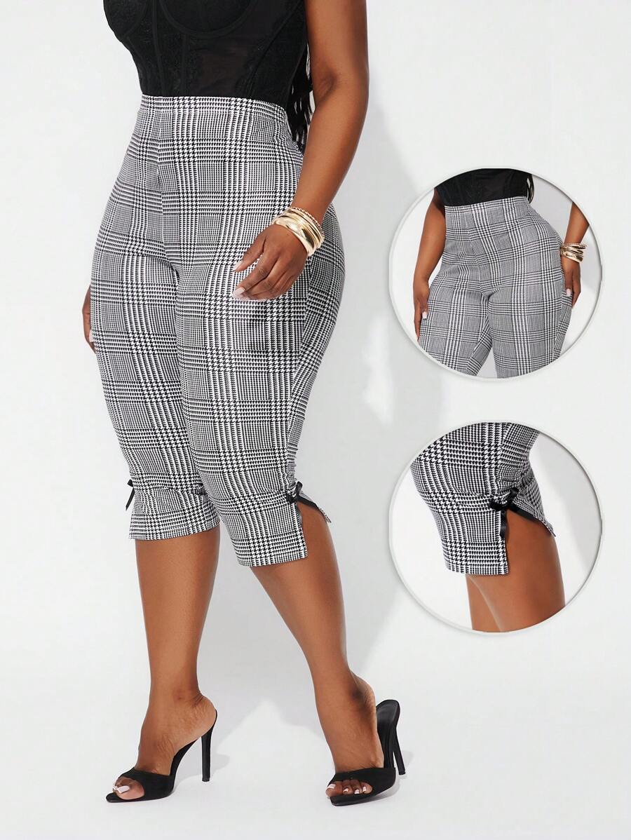 SHEIN SXY Pantalon capri plus size pour femmes, élégant et sexy, avec nœud papillon, convient pour le travail et les sorties quotidiennes. Fabriqué dans un tissu stretch à motif pied-de-poule, idéal pour les grandes tailles. - Multicolore - Voir 1