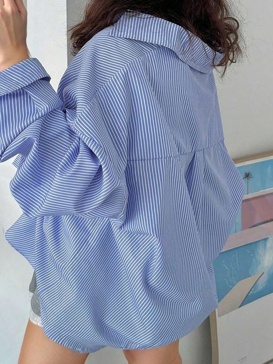 Dazy Plus 加大码翻领条纹蓝色长袖衬衫，秋季返校服装