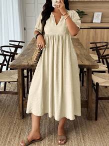 Weeklong Plus Size Solid Color Notched Neck Casual Short Sleeve Summer Dress - Apricot - View 1