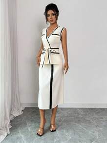 Franclia بدلة صيفية أنيقة للنساء مكونة من سترة ذات لون متباين مع حزام وتنورة، ملابس مناسبة للجامعة - لون مشمشي - مشاهدة 5