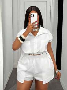 Slaydiva Bộ trang phục thường ngày kiểu miền Tây cho nữ cỡ lớn, đa năng cho mùa xuân/hè, gồm áo sơ mi thắt eo màu trơn thanh lịch và quần short thoải mái. - trắng - Xem 5