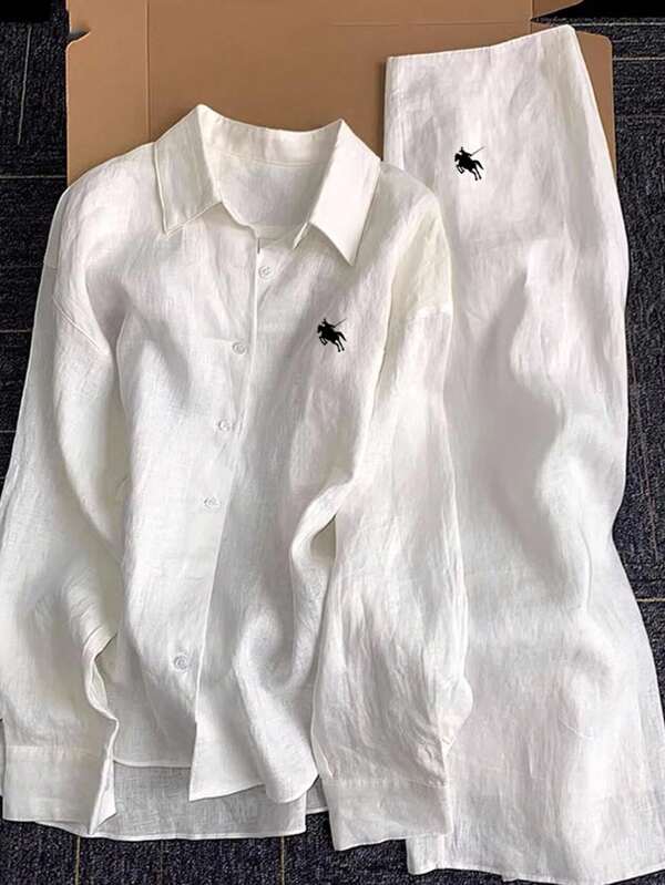 INAWLY 2pcs Women Casual Knight Embroidered Front Button Shirt & Pants Set