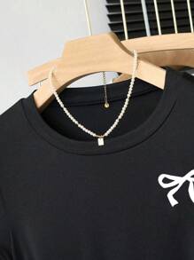 Sparklyn 青少年女孩休闲蝴蝶印花短袖褶皱修身T恤，夏季 - 灰色 - 查看 4