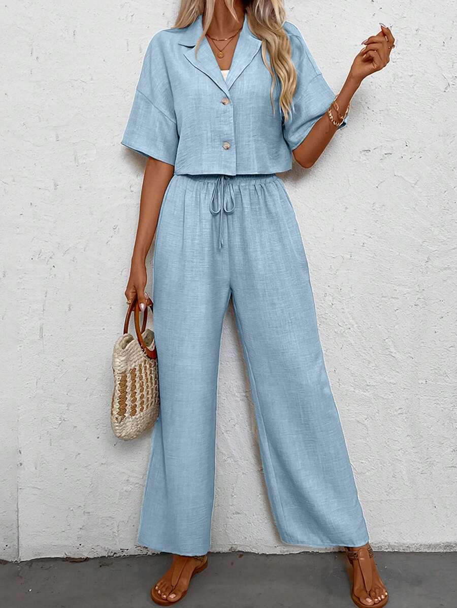 SHEIN PETITE 2pcs/Set Women's Casual Solid Color Shirt And Pants Set, Vacation Style - Baby Blue - View 1