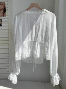Comfortcana Casual Viscose Top In White With Delicate Lace Details And Regular Hem White Lace Blouse Cotton Blouse Boho Top Peasant Blouse - White - View 2