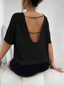 Auralis Plus Solid Backless Drop Shoulder Tee - Black - View 3