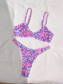 Swim Mod 2pcs/Set Women Beach Vacation Cute Sexy Multi-Color Random Print Spaghetti Strap Bandeau Top And Cute Bandeau Shorts Bikini For Summer