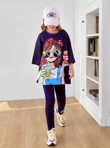 SHEIN Set 2 bucăți Tween Girl: tricou cu mânecă scurtă și pantaloni cu mânecă scurtă, cu imprimeu de portrete, cu decor largi - Violet - Vizualizare 8