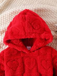 Vestido Confortável e da Moda para Meninas Pequenas, Manga Longa com Capuz Fofo Vermelho com Coração de Pelúcia, Outono/Inverno