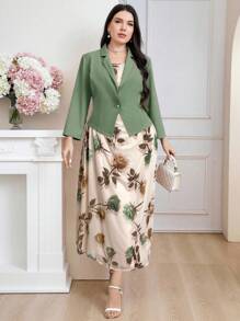 Modelyn 加大码紫色翻领马甲和花卉印花长裙套装，配珍珠纽扣，优雅正式服装两件套