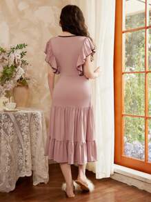 Côtesoire 法式优雅荷叶边系带女士睡衣，Moo Moo 睡裙 - 藕粉色 - 查看 2