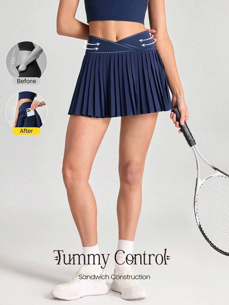 Let's Play Sweat-Wicking Stretchy Mid-Rise Crossover Waist Pleated Tennis Skirt With Built-In Shorts Side Pockets Tennis Golf Daily