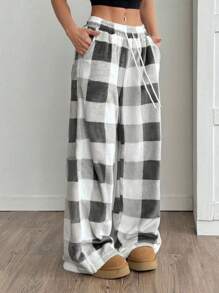 Coolane Women's Casual Front Tie Plaid Pocket Trousers