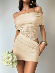 Aloruh Women's Sexy Elegant Off Shoulder Cutout Lace & Mesh Mini Dress - Apricot - View 4