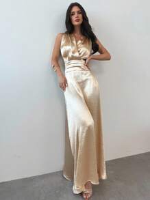 Firerie Women Elegant Party Waist Pleated Gold Aline Polar Long Dress,Graduation,Teacher Outfits Party,For Women,Teacher Dress Vacation Dress,Suitable For Commute/Elegance/Sexy/Vacation/Beach/Romance/Date/Valentine's Day/Concert/Performance/Party/Prom/Wedding Season/Back To School Work/Teachers' Day/Elegant/Commute/Casual/Business/Modern Urban, Modest