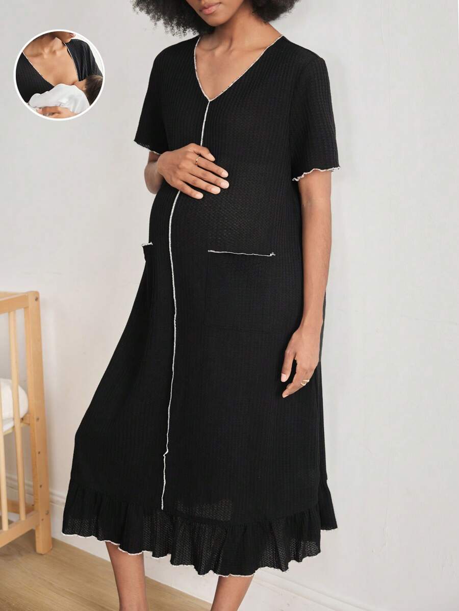 BloomMama 孕妇夏季休闲撞色边宽松短袖连衣裙睡袍 - 白色 - 查看 1