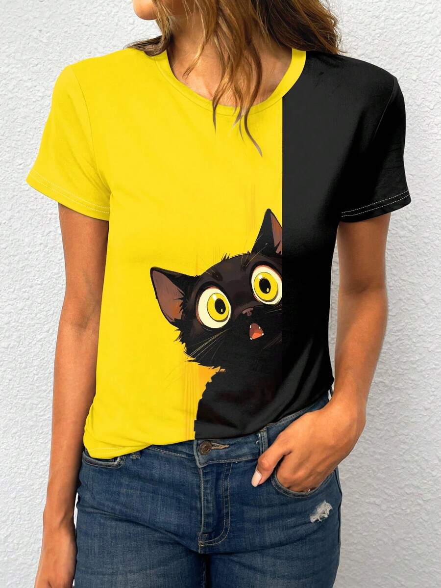 SHEIN LUNE Áo phông họa tiết mèo khối màu đen và vàng cỡ lớn, hấp dẫn ngay từ cái nhìn đầu tiên - Nhiều màu - Xem 1