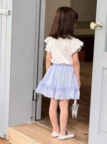 SHEIN Young Girl Casual Bowknot Ruffle Sleeve T-Shirt/Mini Skirt Set - Blue and White - View 6