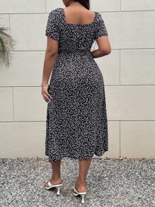 Sunnyshic Váy chữ A cổ vuông in họa tiết kim cương tay ngắn cỡ lớn - màu đen - Xem 2