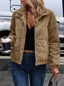 SHEIN LUNE Snap Button Up Padded Padded Coat Clothes Winter Fall Cloth For Women - Khaki - View 6