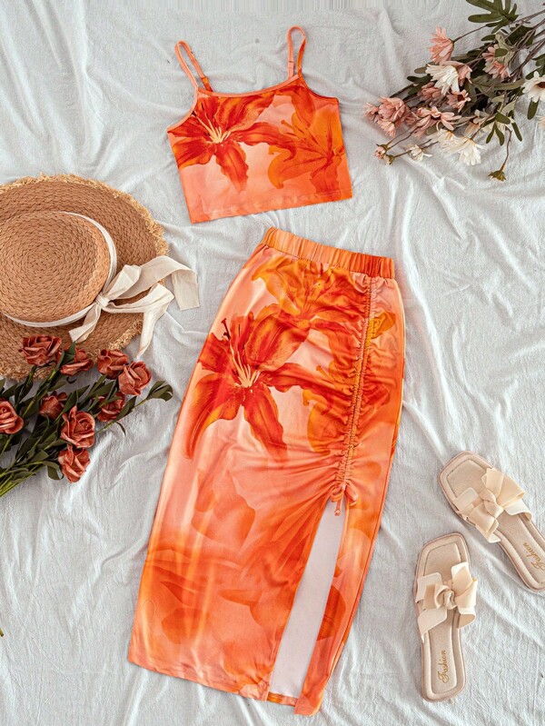 Set de tricou cu imprimeu pentru fete, nou-venită primăvară/vară, ținută elegantă cu imprimeu floral - include maiou scurt, mulat, și fustă mini asortată, croială strânsă, set casual și confortabil, potrivit pentru purtare zilnică, vacanță, stil plajă, pentru petreceri de seară.