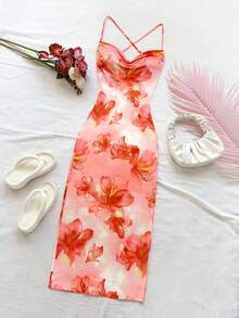 Soleia 女式花卉印花垂坠领露背紧身连衣裙，度假装 - 彩色 - 查看 5