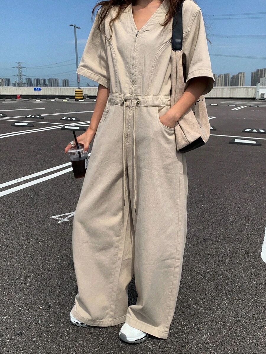 DAZY 女式夏季 V 领短袖抽绳腰连体裤，休闲都市男女通用牛仔连体裤 - 薑色 - 查看 1