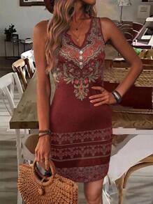 EMERY ROSE V-Neck Sleeveless Retro Printed Pattern Dress, With Buttons, Casual Holiday Attire - Burgundy - View 1